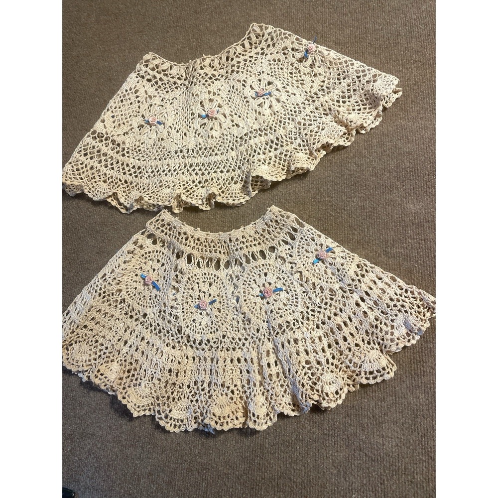Pair Vtg Hand Crocheted Doily Lamp Shade Covers Cottage Core Boho